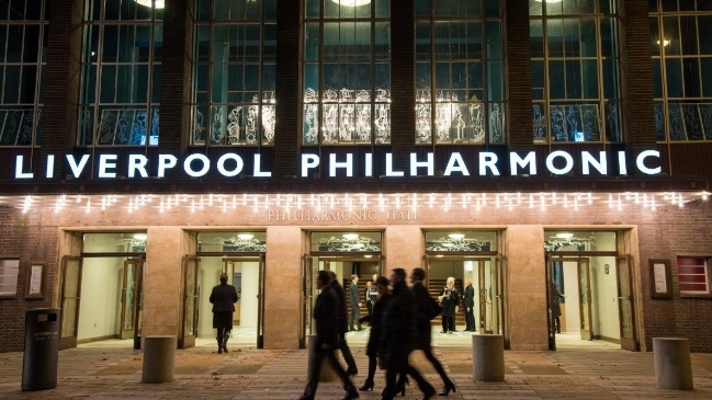 Illuminated sign reading 'Liverpool Philharmonic'